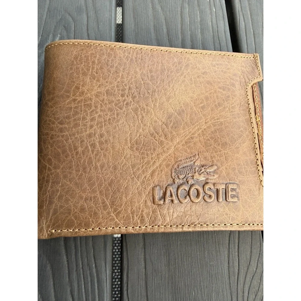 Vtg Lacoste Men's Logo Brown Leather Wallet W/pull Out Wallet Card
